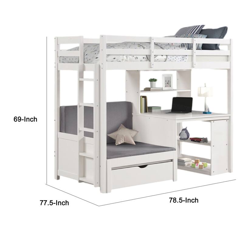Sirius Twin Loft Bed with Writing Desk, Shelf Unit, White Pine Wood