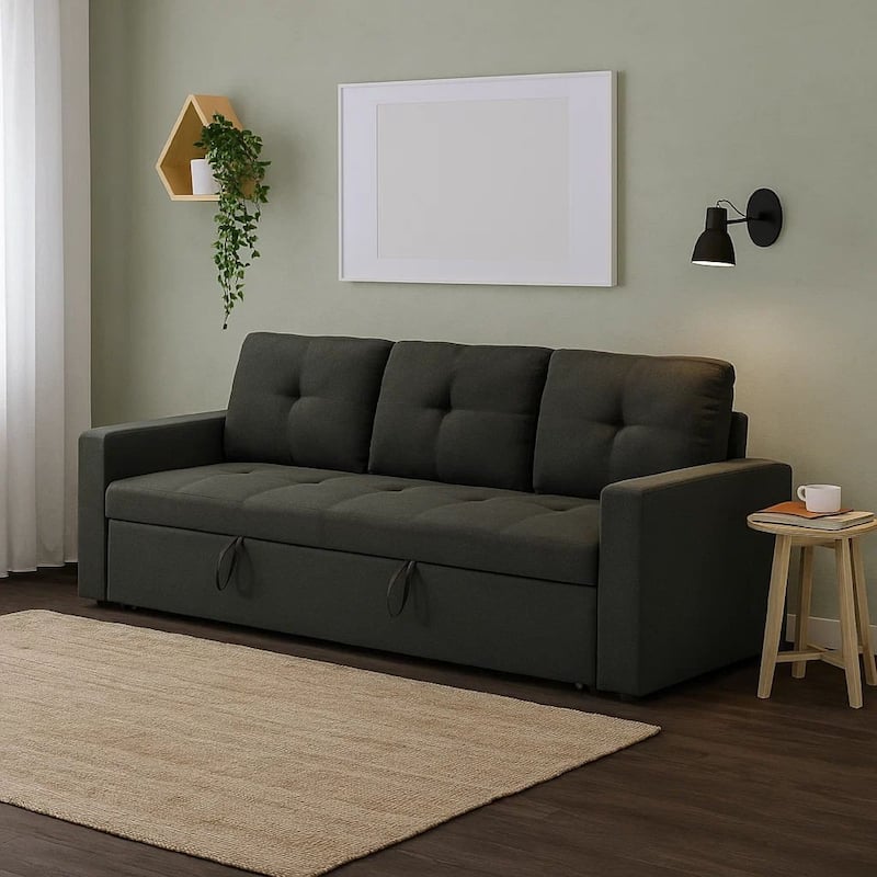 Biry Pull Out Sleeper Sofa Bed, Tufted Cushions, Dark Gray Fabric