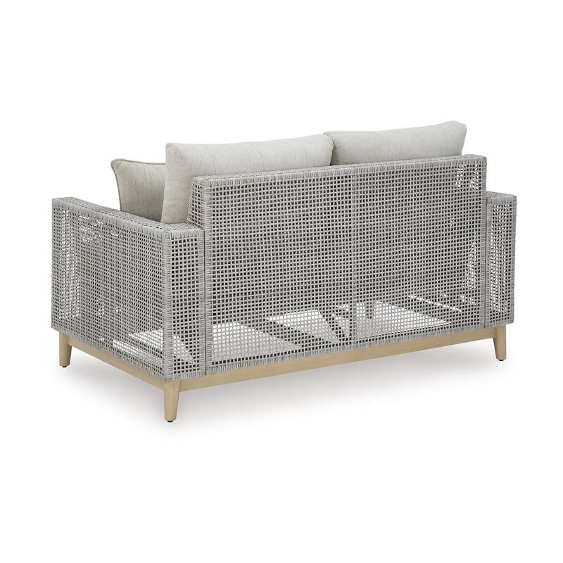 Yami 59 Inch Outdoor Loveseat, 2 Accent Throw Pillows, Gray Resin Wicker