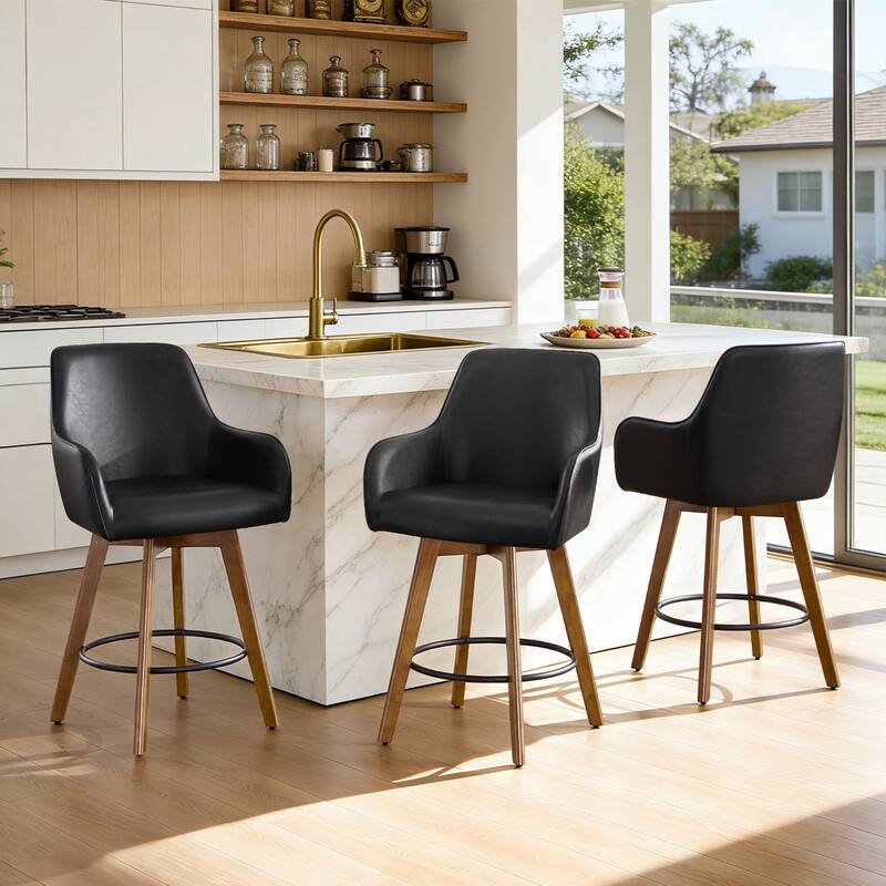 25 Inch Upholstered Swivel Counter Height Bar Stool with Armrests, Solid Wood Legs - 23.6"W x 22.4"D x 40.2"H