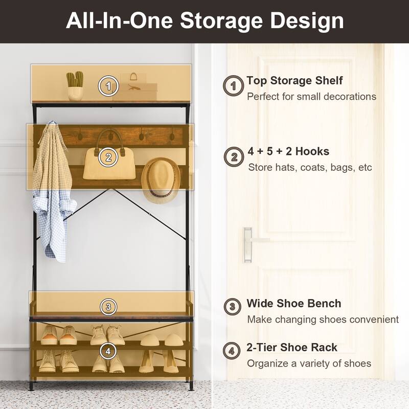 Rustic Brown 4-in-1 Hall Tree with Shoe Bench Coat Hooks Top Shelf and Metal Frame for Entryway Use - 40" x 16" x 72.5"