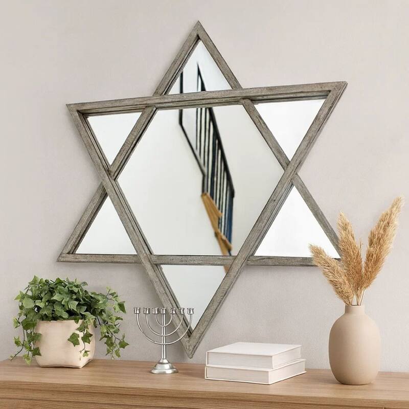 Transitional Wooden Wall Mirror with Hexagram Shape Design, Brown