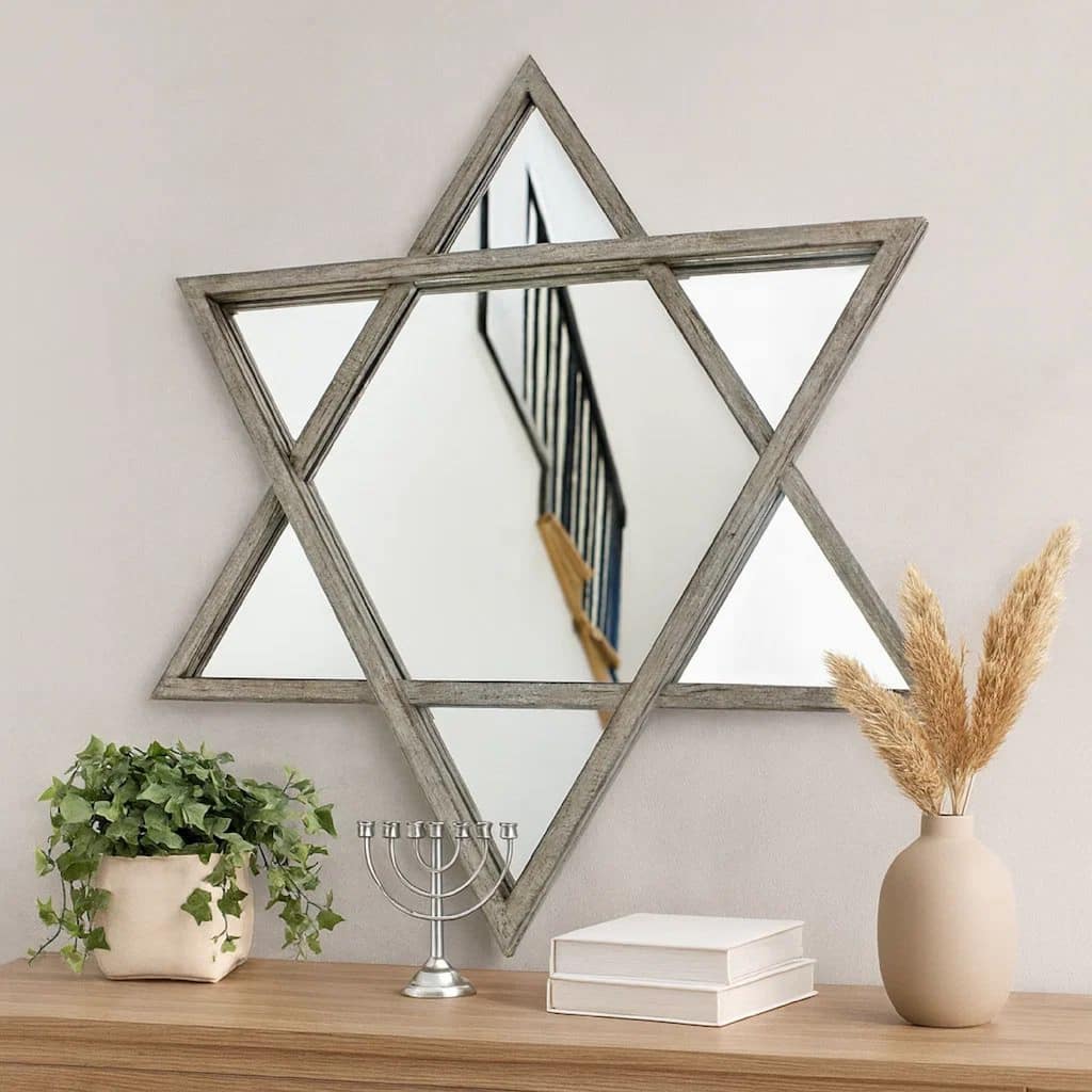 Transitional Wooden Wall Mirror with Hexagram Shape Design, Brown
