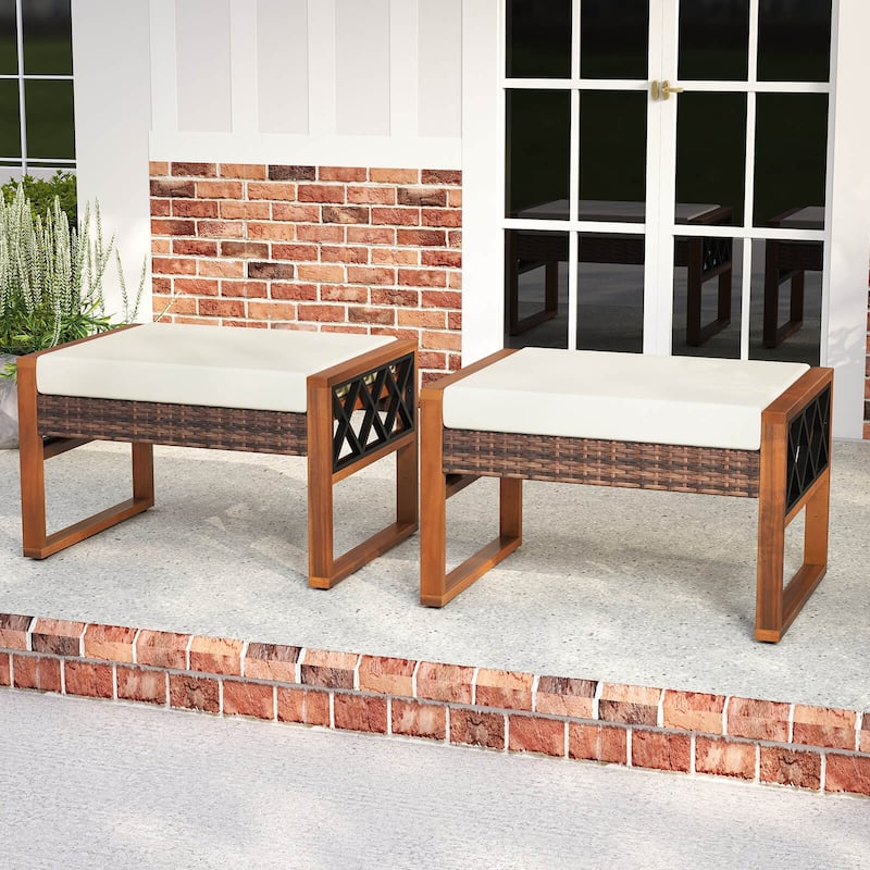 Costway 2 PCS PE Rattan Wicker Ottomans Outdoor Patio Footstools - Mix Brown+Beige - See Details