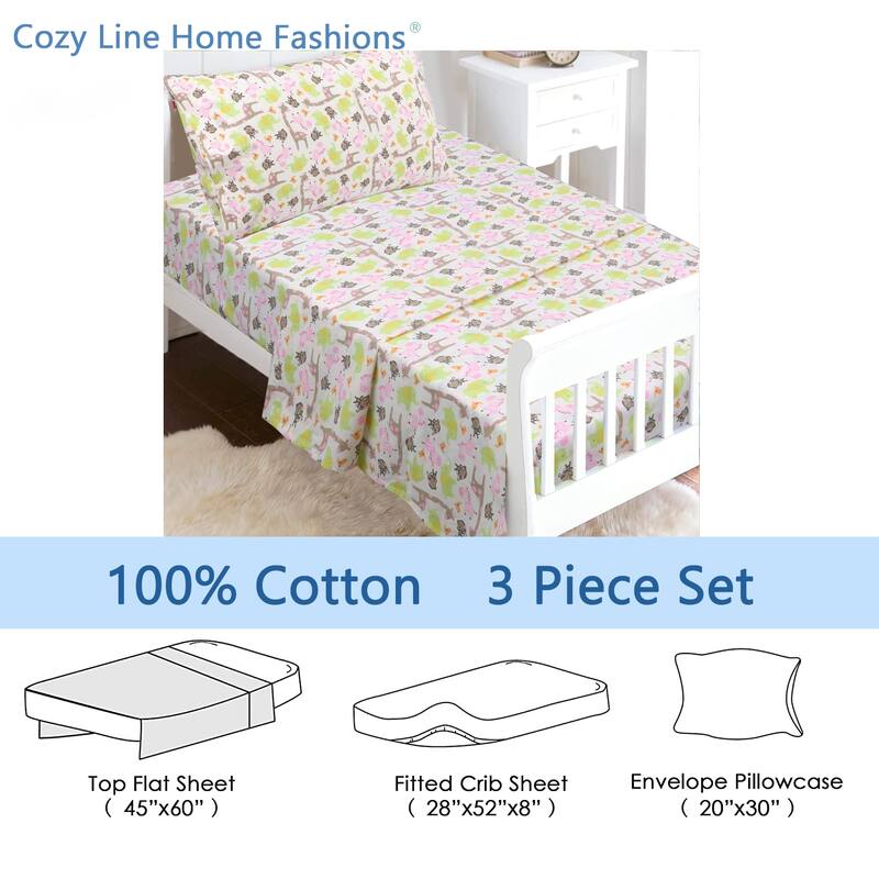 3-Piece Cotton Toddler Sheet Set for Kids Boys & Girls (Animals, Fish, Sports, Floral)