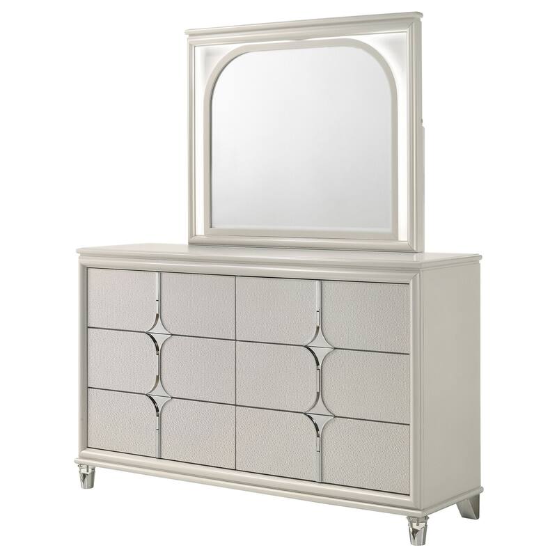 6-Drawer Pearl White Dresser and LED Mirror Set with Modern Glam Style, Spacious Storage, and Smooth Gliding