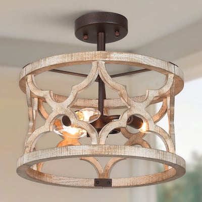 Azizon Modern Farmhouse 3-Light Handcrafted Wood Drum Semi-Flush Mount Ceiling Light - 14" D x 8" H