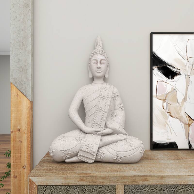 Gray Magnesium Oxide Indoor Outdoor Meditating Buddha Decorative Garden Sculpture with Floral Carvings and Beaded Details