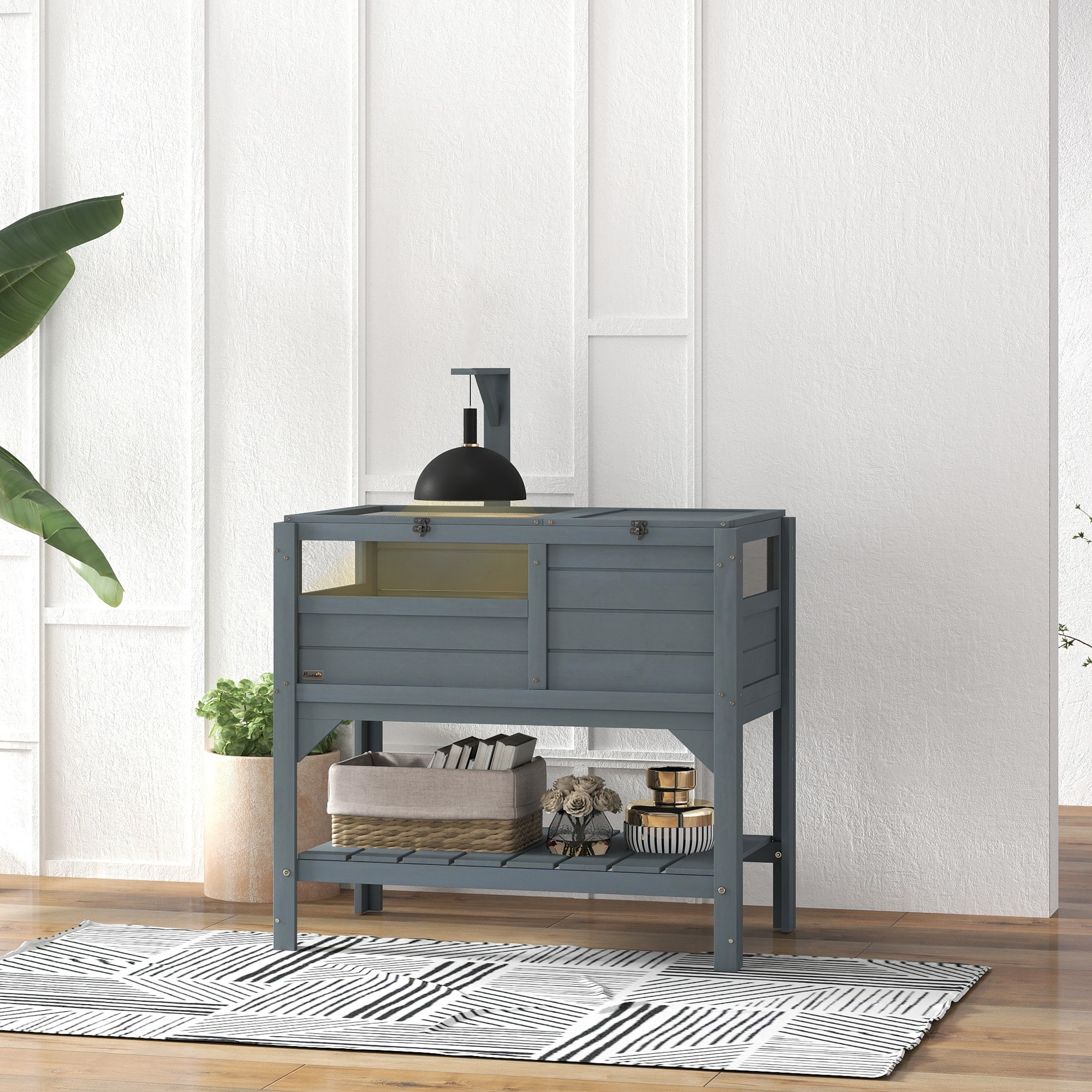PawHut Gray Wooden Tortoise Enclosure Habitat with Shelf Storage Tray