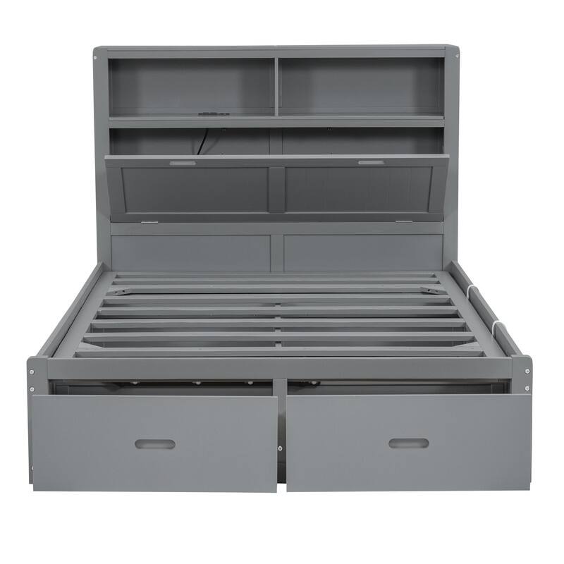 Full/Queen Size Hydraulic Storage Platform Bed Frame with LED, Charging Station and 2 Drawers