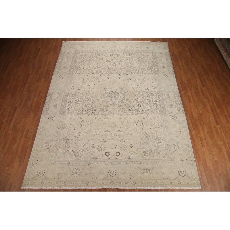 Hand Knotted Oriental 100% Wool Carpet Traditional Floral Beige & Ivories Tabriz Area Rug - 12' 8'' X 9' 9''