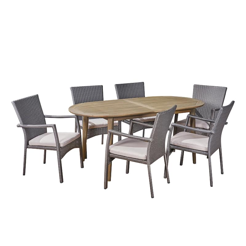 Stamford Outdoor 7-Piece Acacia Wood Dining Set with Wicker Chairs by Christopher Knight Home