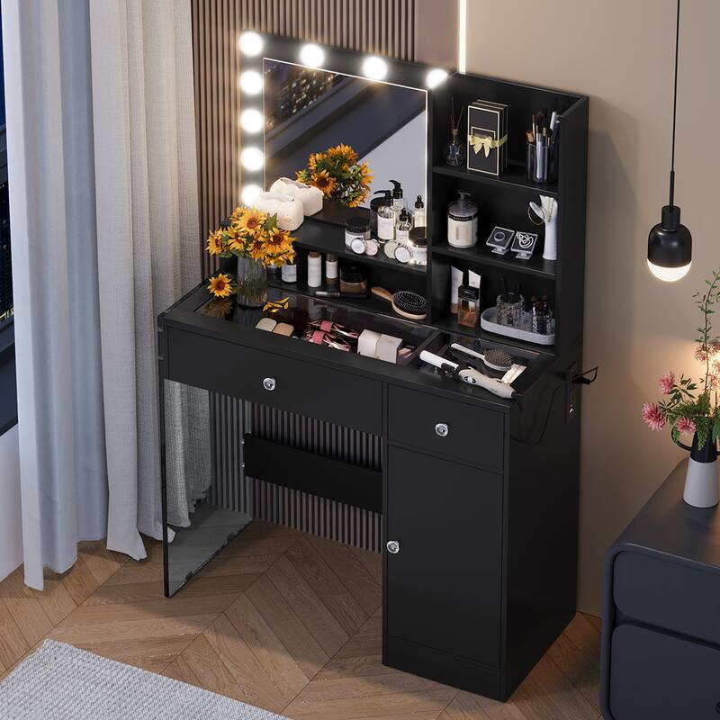 Vanity Desk with Mirror & Lights, Glass Top Dressing Table, Makeup Table with Charging Station, 2 Drawers & Cabinet - Black