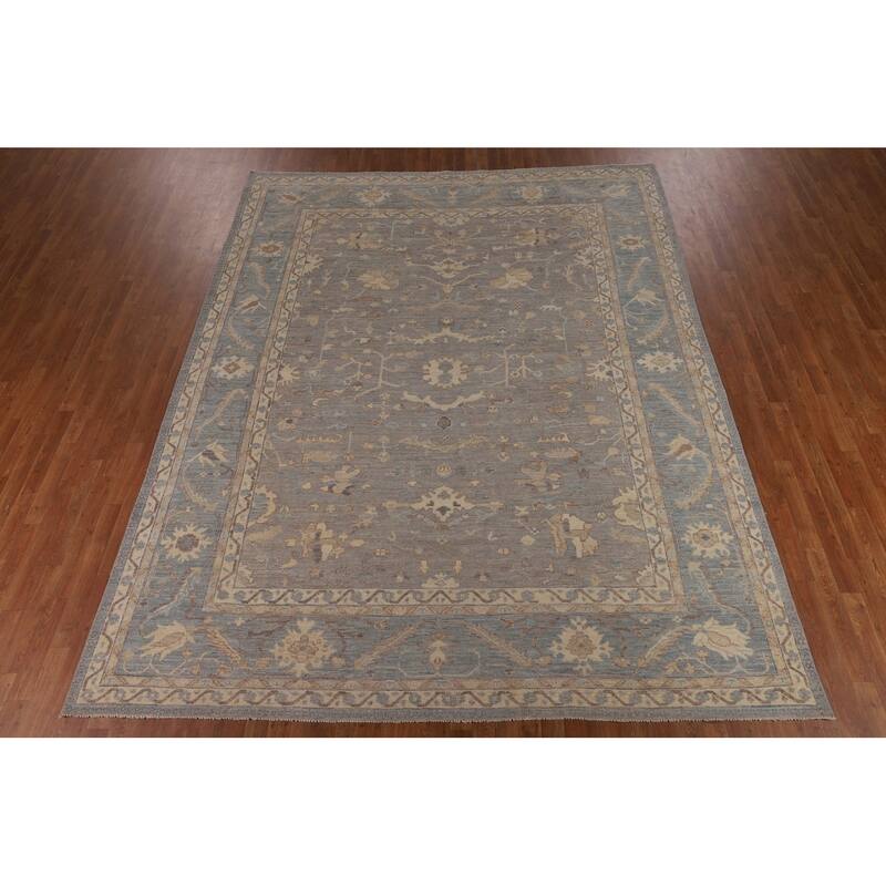 Vegetable Dye Floral Oushak Turkish Rug Hand-Knotted Grey Wool Carpet - 9'4"x 11'8"