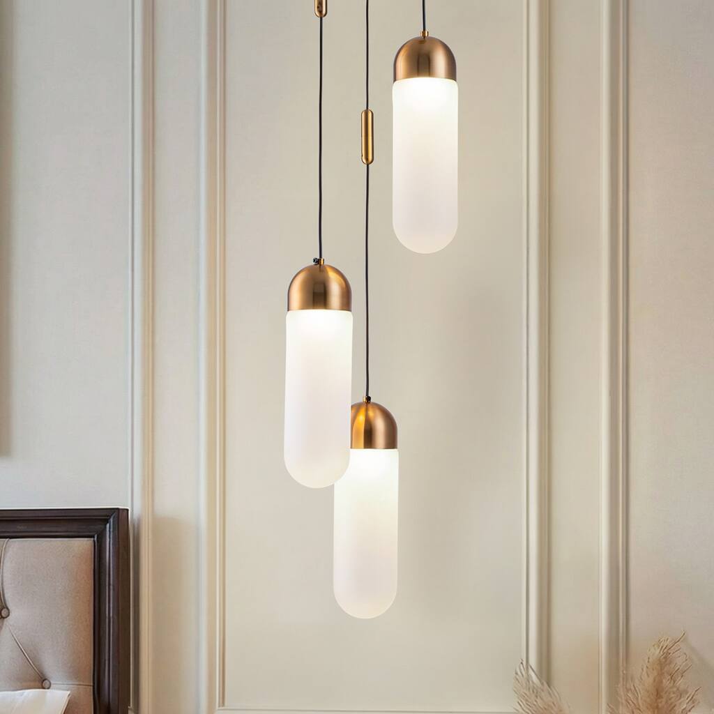 9'' Modern 3-Light Seeded Glass Cluster Integrated LED Pendant In Antique Gold Round Ceiling Lamp - W9''