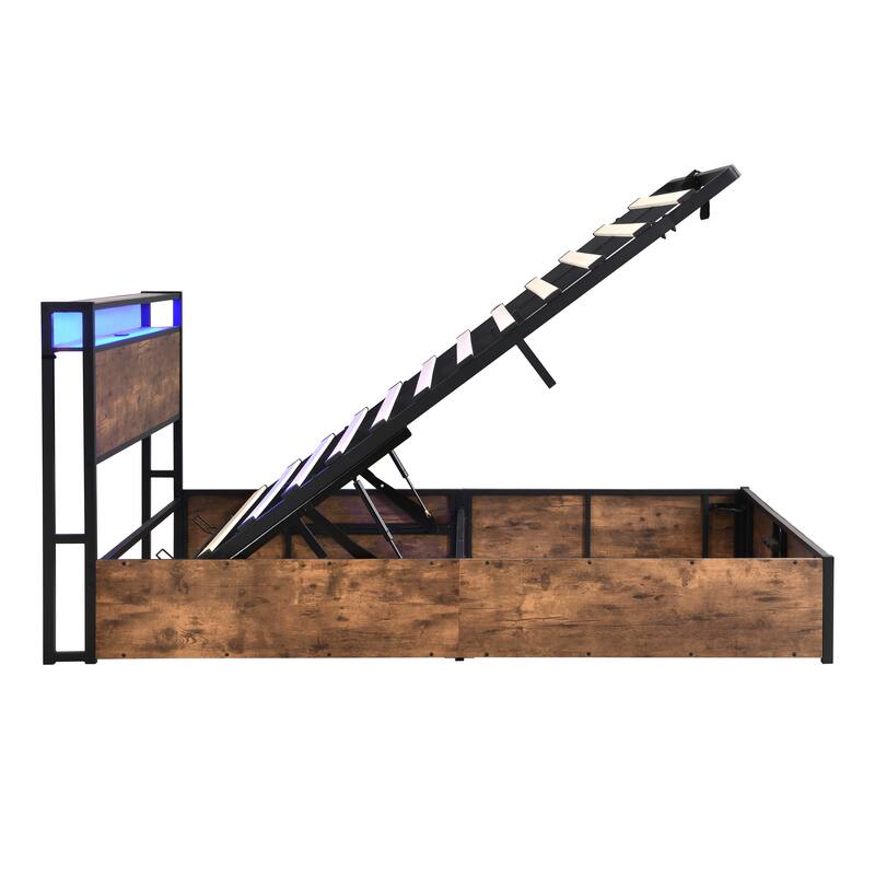 Rustic Brown Queen Size Wooden Platform Bed with Bookcase and LED