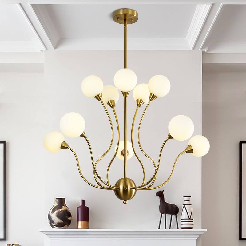 Luxe Art Deco Scrolling Arm Opal Glass 10-Light Bubble Chandelier 33in