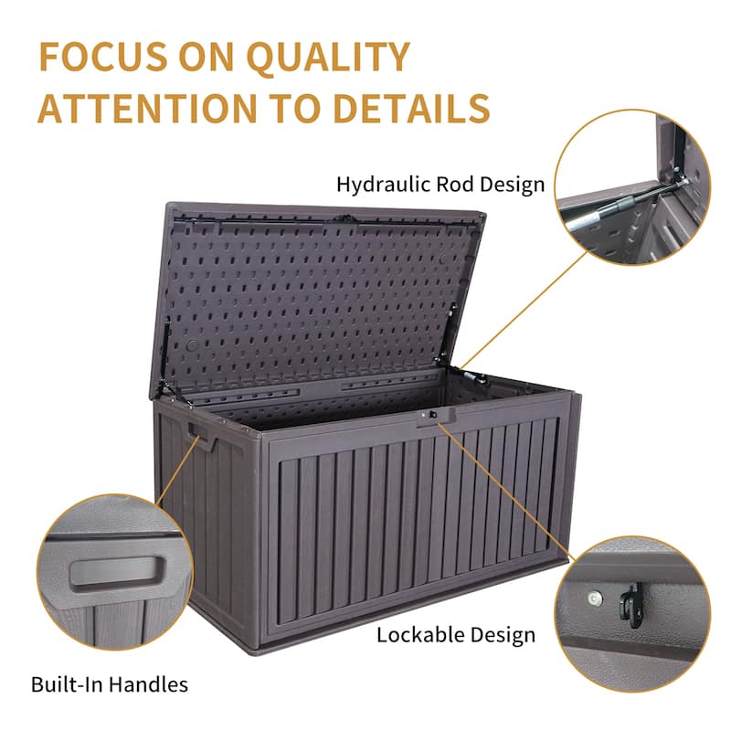 Brown Resilient Resin Storage Deck Box with Hydraulic Lid and Side Handle and for Home Terrace and Garden