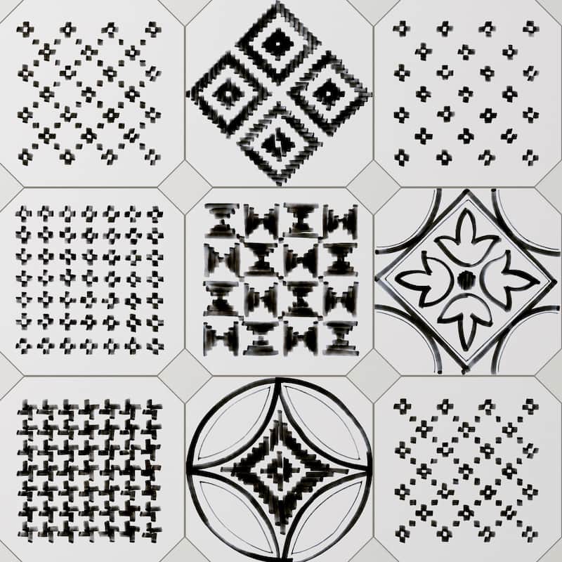 Merola Tile Vaudeville Octagon Deco Sombra with Taco Nacar 7-7/8" x 7-7/8" Porcelain Floor and Wall Tile
