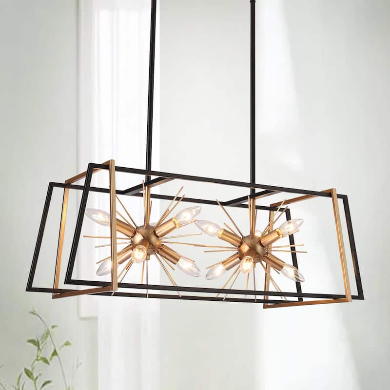 Modern 12-Light Black Gold Sputnik Chandelier Rectangle Island Lights for Dining Room - 29.5" L x 14" W x 10.5" H