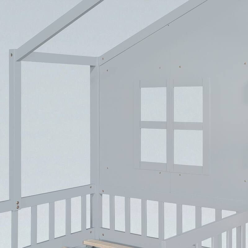 Twin House Bed with Sofa, Two Storage Drawers & Shelf, Kids Playhouse Platform Bed with Pine Wood Frame