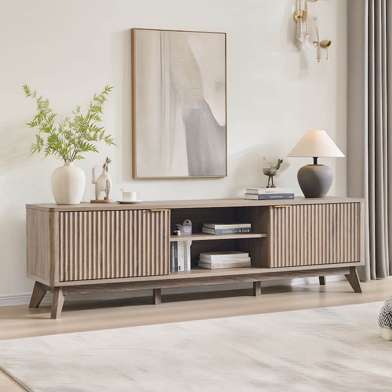 70" Modern Fluted TV Stand for Living Room, Wood Entertainment Center - AlderGrey
