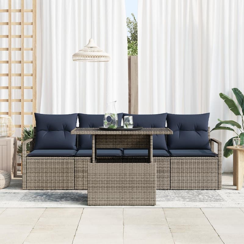 vidaXL 5 Garden Sofa Set with Cushions Black/Brown/Grey Poly Rattan - 90.6 x 24.4 x 27.2