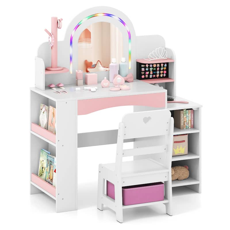 Gymax Kids Vanity Desk w/Mirror & Lights Princess Pretend Play Makeup - White