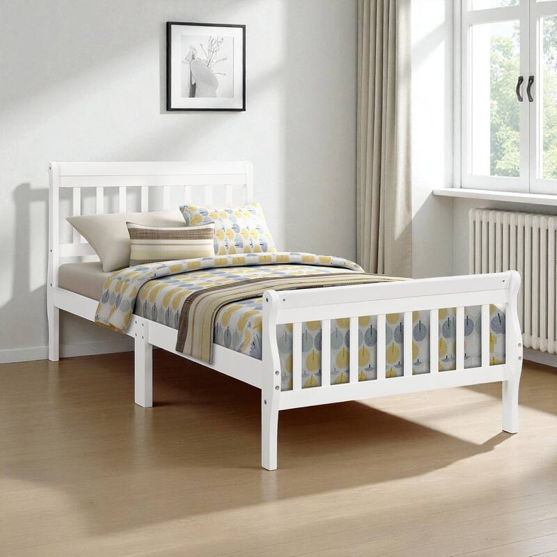Twin Size Wood Platform Bed with Headboard and Footboard, Sleigh Panel Bed Frame with Wood Slat Support, No Box Spring Needed