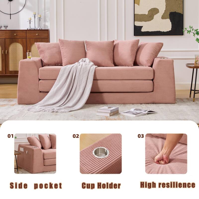 2 in 1 Convertible Sofa Bed, Sleeper Sofa with Storage Pockets, Pull Out Loveseat Couch with Two Cup Holders