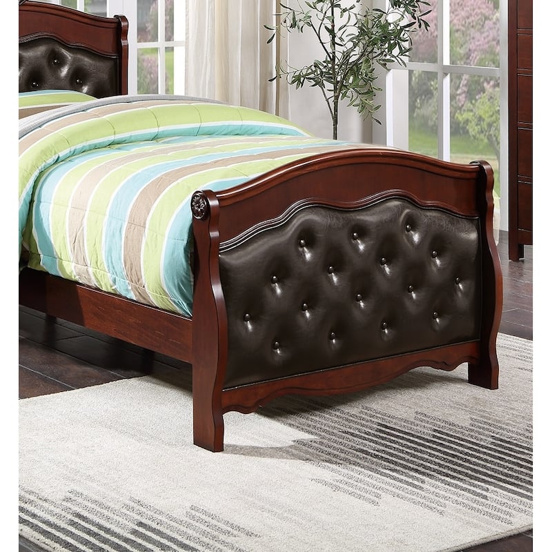 Dark Cherry Twin Size Bed Youth Bedroom Furniture Espresso Faux Leather Headboard Footboard Plywood 1pc Bedframe