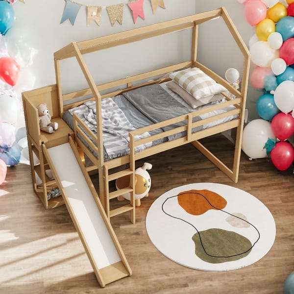 slide 2 of 9, Twin Size House Loft bed With Slide,Shelves And Light for Home Natural
