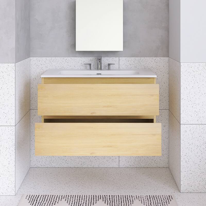 Floating Integrated Bathroom Vanity with Ceramic Sink, Three Faucet Holes
