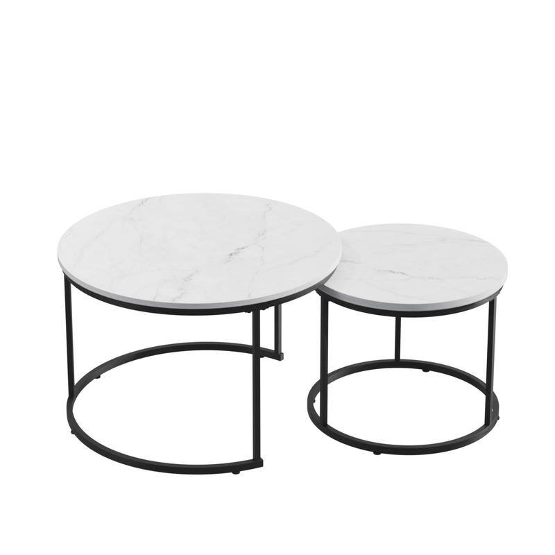 Round Nesting Coffee Table Set of 2 with Marble Pattern Top & Metal Frame