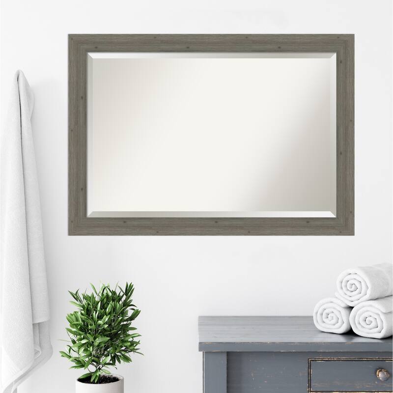 Beveled Wood Bathroom Wall Mirror - Fencepost Grey Narrow Frame