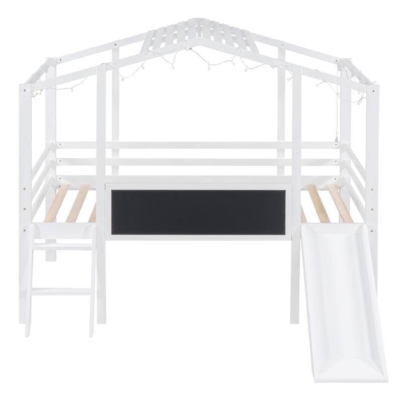 Loft Bed with Ladder and Slide, House Bed with Blackboard and Light Strip on the Roof