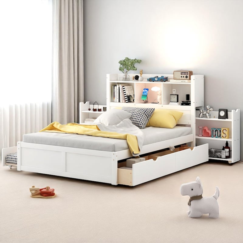 Full Storage Bed with Trundle, Headboard Shelves, USB Charging Port & 2 Drawers, Pine Wood Frame
