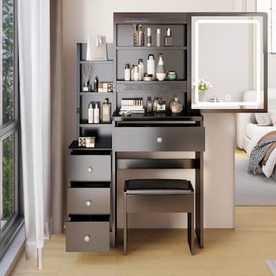 Modern Style Wood Make up Vanity with Lights,Make up Organizer with Cushioned Stool