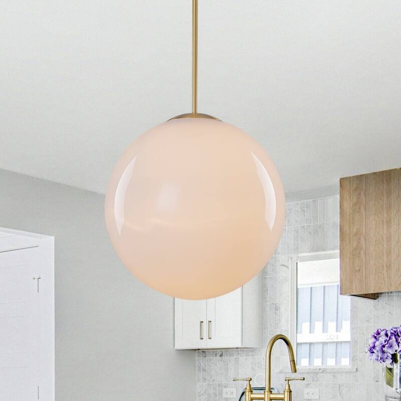 Modern Minimalist 1-Light Glossy Milky Glass Globe Pendant - 15.7 in - Brass & Rod