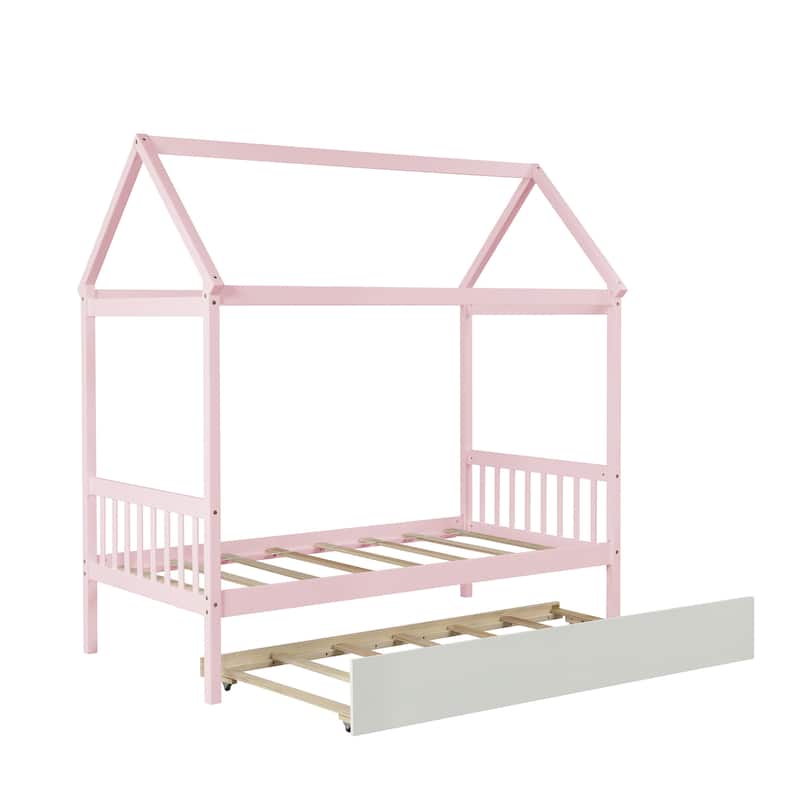 Solid Wood Twin House Bed Frame with Twin Size Trundle
