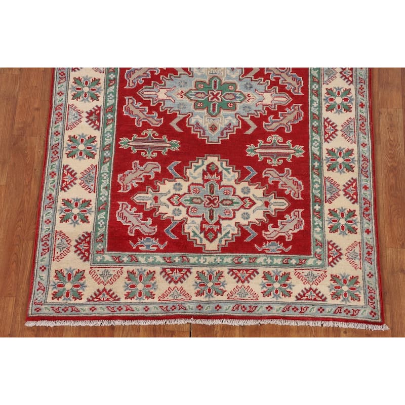 Red Geometric Kazak Rug Handmade Wool Carpet - 3'11" x 5'7"
