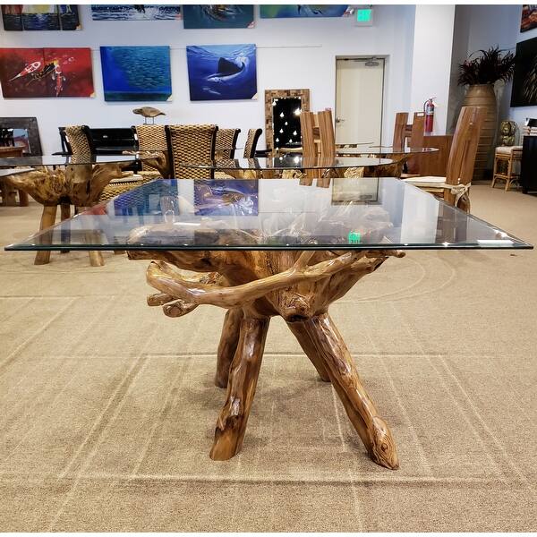 Shop Chic Teak Rustic Teak Wood Root Dining Table Including A 55 X 43 Glass Top Overstock 31809419
