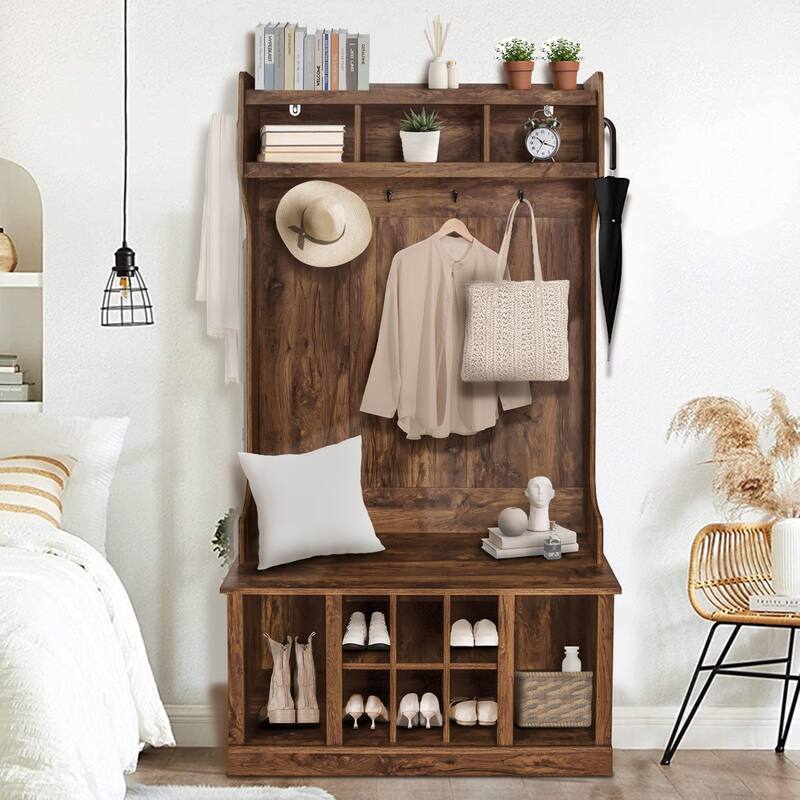 Entryway Hall Tree with Bench and Shoe Storage, Coat Rack with 8 Shoe Storage Cube and 6 Hanging Hooks Storage Cabinet