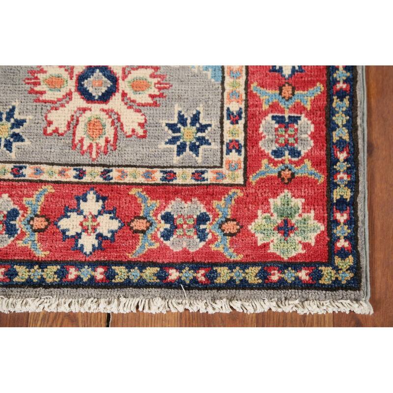 Geometric Kazak Oriental Accent Rug Handmade Grey Wool Carpet - 2'0"x 2'11"