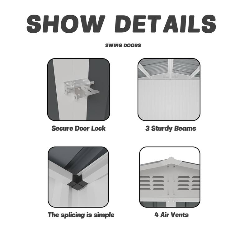 10x8 Feet Outdoor Garden Shed Aluminum alloy frame With Hinge Door and foundation