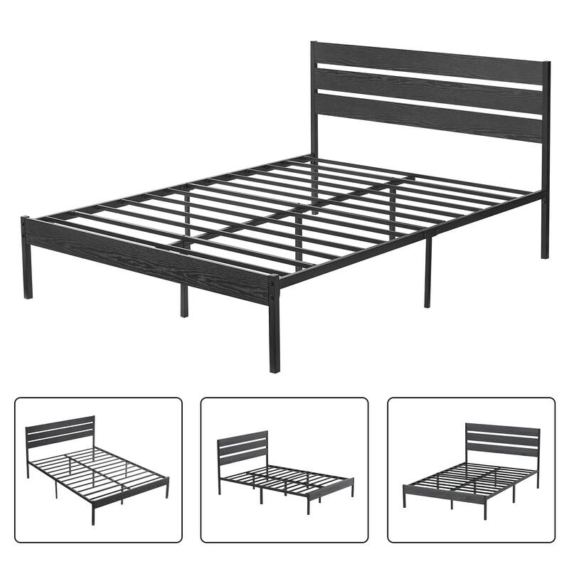 Javlergo Black Bed Frame with Wood Waterproof Scratch-Resistant Headboard Strong Metal Slats Support No Box Spring Needed