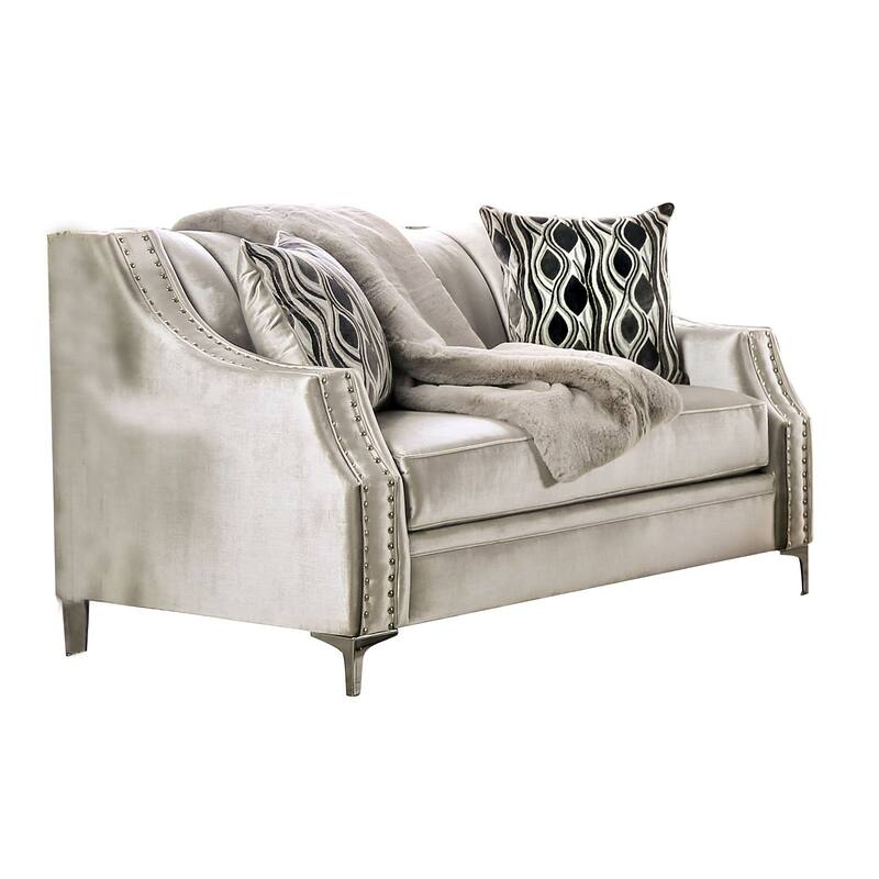 Chenille And Wooden Loveseat in Silver