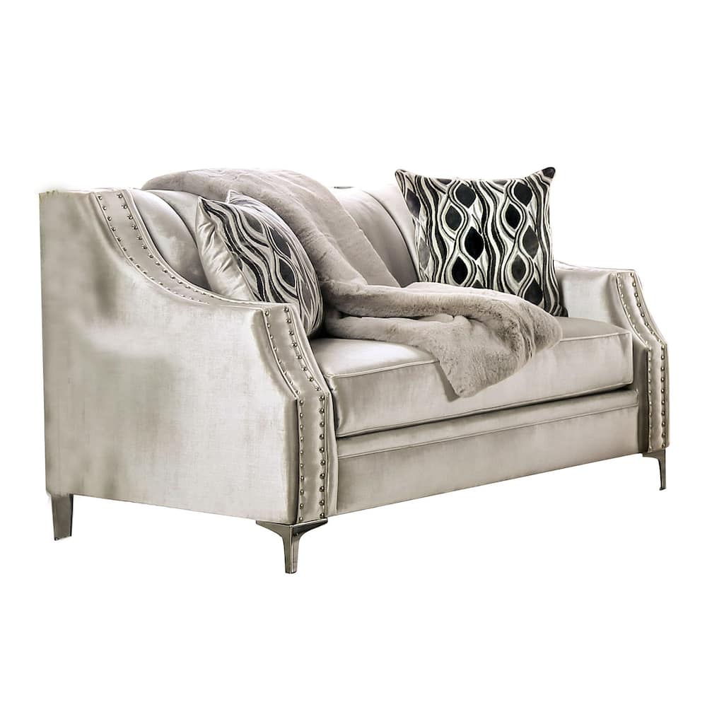Chenille And Wooden Loveseat in Silver