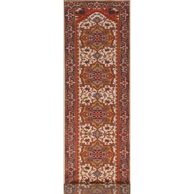 Traditional Heriz Serapi Runner Rug Hand-Knotted Beige Wool Carpet - 2'6" x 14'0"