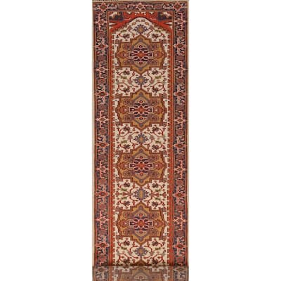 Traditional Heriz Serapi Runner Rug Hand-Knotted Beige Wool Carpet - 2'6" x 14'0"